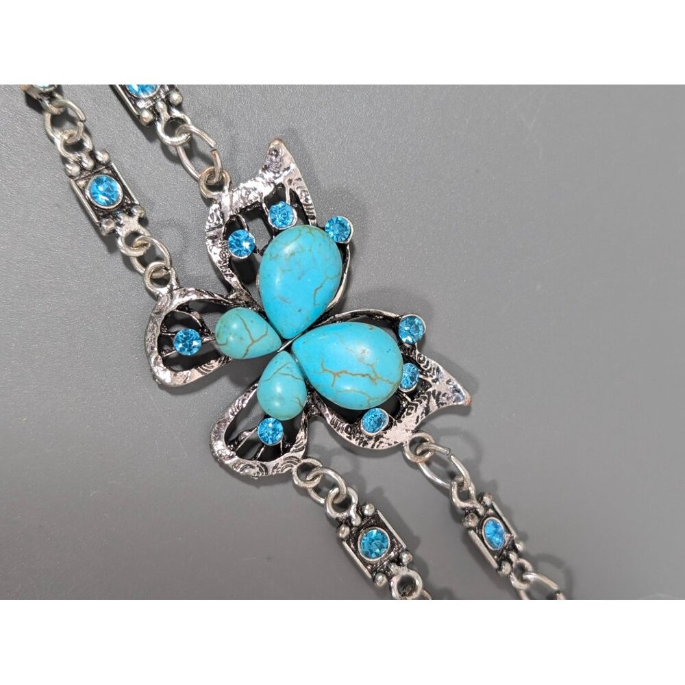 Beachy Boho Faux Turquoise‎ Stone Butterfly Chain Bracelet 8"